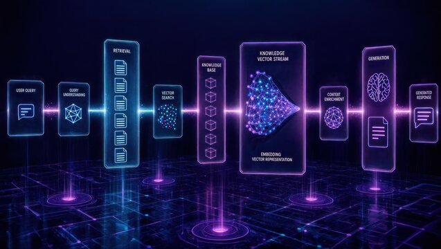 Digital flowchart retrieval augmented generation process for data flow user query to response, for artificial intelligence, machine learning, knowledge management
