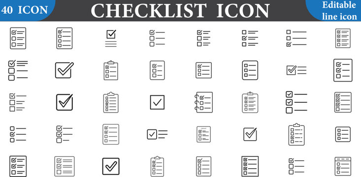 Set of 40 checklist icons, vector illustration of task list, survey, todo list, and document symbols for web and mobile applications