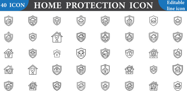 Set of 40 home protection icons, thin line style, house inside a shield, security, safety, property insurance, vector illustration isolated on white backgroundSet of 40 home protection icons, thin lin