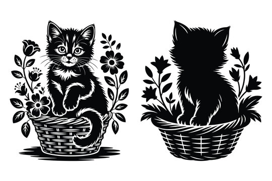 Two black and white of cute kittens sitting inside woven wicker baskets with flowers