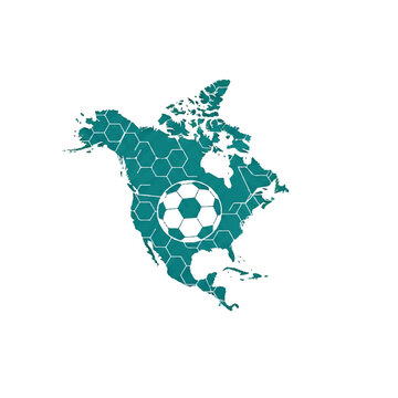 A simplified silhouette of the North American continent with a hexagonal soccer ball pattern overlay. Minimalist aesthetic using only white and teal. Clean sharp edges. minimalist flat vector