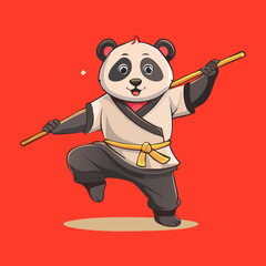 Vibrant vector illustration of powerful panda kung fu master performing martial arts pose holding staff ideal for gaming mascot apparel showcasing rich detailed © firstcolor