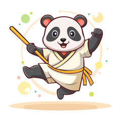 Vibrant vector illustration of energetic panda martial artist leaping forward with combat stick in hands excellent for vibrant avatar designs showcasing rich detailed © firstcolor