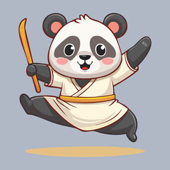 Vibrant vector illustration of happy panda shinobi fighter balancing skillfully with wooden training staff bar great for modern digital art posters showcasing rich detailed © firstcolor