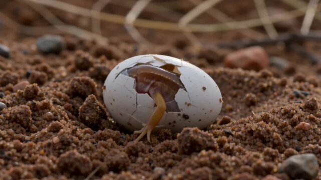 Small lizard hatching from a white egg in the soil in nature