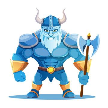 Vibrant vector illustration of mighty viking warrior chief holding double bladed battle axe in armor great for modern digital art posters showcasing rich detailed