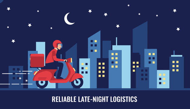 Dedicated delivery driver riding a red scooter through a city at night with tall buildings and a crescent moon in the dark sky.
