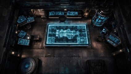 Fototapeta premium Futuristic command center with glowing holographic spaceship blueprint on digital table, for advanced aerospace engineering, strategic planning, high tech innovation