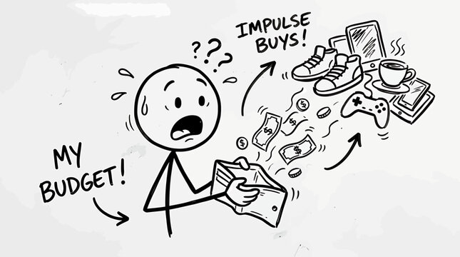 Person experiencing financial stress due to hand drawn doodle impulse buys