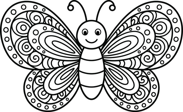 Ornate decorative butterfly with zentangle patterns coloring page