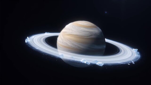 Deep space exploration of ringed planet with luminous ring system, glowing gas giant, ice rock asteroid belt, cosmic dust galaxy, star orbit universe glow halo surreal design and mysterious dark sky