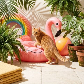 Ginger cat pouncing on flamingo toy in lush summer garden setting