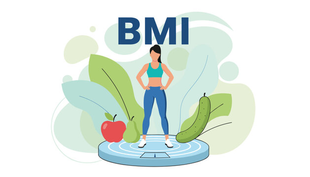 Athletic woman standing on a digital scale in a gym setting surrounded by healthy food icons like apples and cucumbers for BMI tracking.
