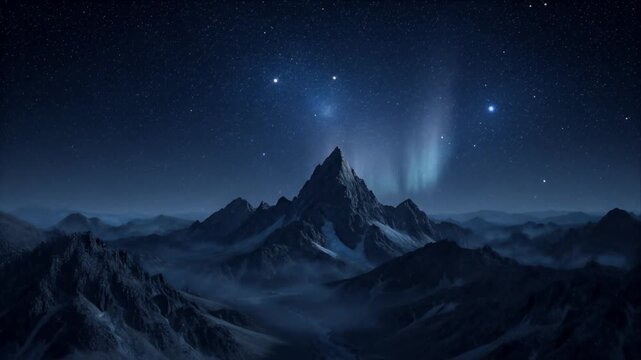 Night sky star mountain peak deep space landscape cosmic light aurora glow fantasy scene space exploration dream serene starry sky galaxy nebula glow over sharp mountain peak mystical view