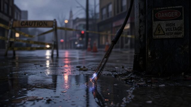frayed. Wet urban street after rain with a frayed electrical cable dangling near a puddle. mobility guides, transit brochures, designed for transport & logistics marketing, used by copywriters.