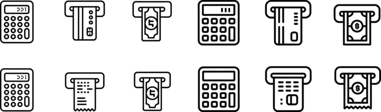 Banking and finance icons set featuring atm machines calculator credit cards and money transaction symbols.