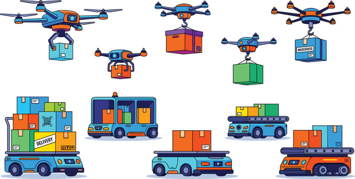Automated warehouse delivery drones and agv robots vector setAutomated warehouse delivery drones and agv robots vector set