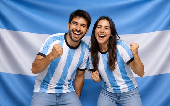 Excited fans celebrating victory in front of argentina flag wearing national team jerseys.
