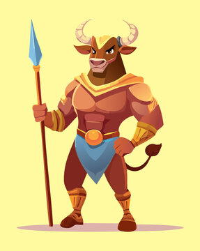 A unique and highly detailed mythical minotaur bull warrior holding spear ancient armor fantasy creature character artwork presenting a unique style that