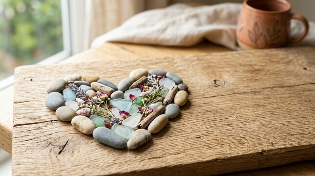 Heart Shape Made of Beach Stones, Sea Glass, and Dried Flowers on Wood