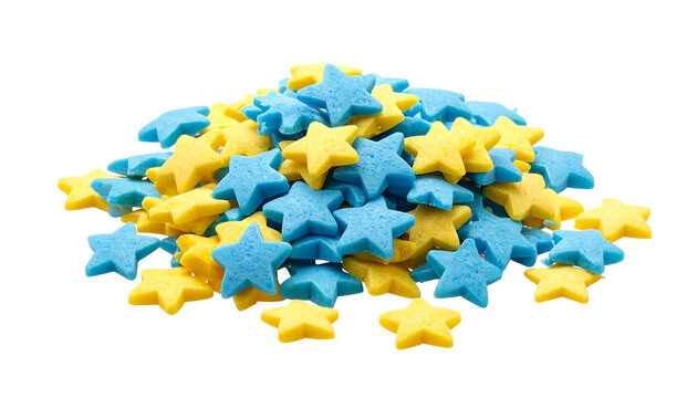 Pile of blue and yellow star shaped sugar sprinkles for cake decoration.