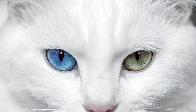 Close-up of white cat with heterochromia.