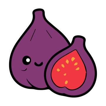 Cute fig mascot logo with decorative vector illustration elements, bold outlines, vibrant flat colors, and an adorable kawaii cartoon style