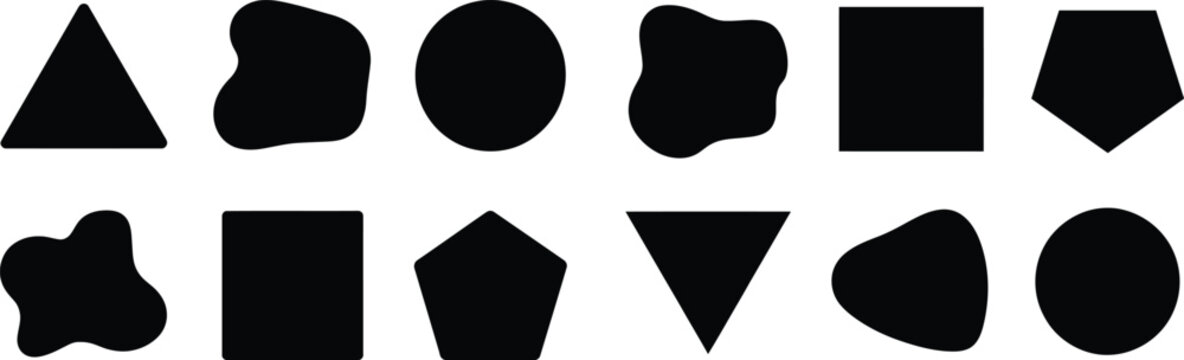 Set of various geometric shapes and organic blobs for modern graphic design isolated on transparent surface.