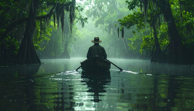 Man rowing boat through misty swamp forest with mossy trees.