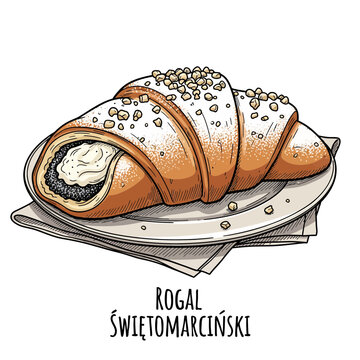 Rogal Świętomarciński, a traditional Polish crescent roll, a sweet pastry filled with poppy seeds and nuts, dusted with powdered sugar, presented on a plate