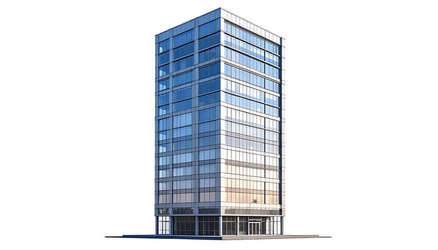 Modern glass office building skyscraper with blue windows and steel frame architecture.