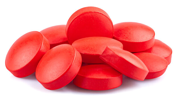 Pile of round red medical pills and tablets for healthcare and pharmaceutical treatment.