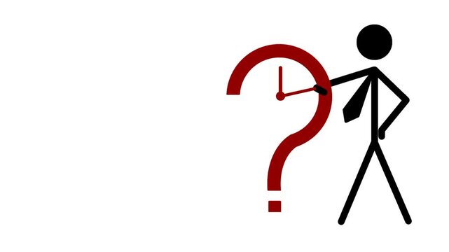 Businessman icon with question mark and clock in red outline. Symbol of thinking, decision making, planning, waiting, scheduling, and time management.