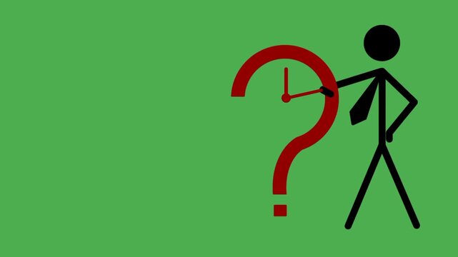 Businessman icon with question mark and clock in red outline. Symbol of thinking, decision making, planning, waiting, scheduling, and time management.