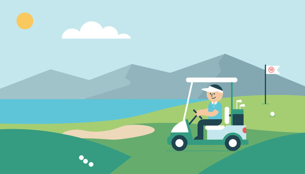 Happy golfer drives a white electric golf cart on a green course with a lake, mountains, and a hole flag in the background.