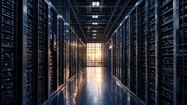 Modern data center server room with rows high tech computer racks glowing lights, for global connectivity, digital infrastructure, cloud computing information storage