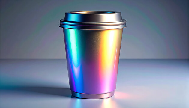 Modern iridescent holographic coffee cup with lid on a clean minimalist surface.