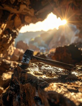 Old Mining Pickaxe Resting on Rocks in a Cave Entrance with Sunlight Rays.
