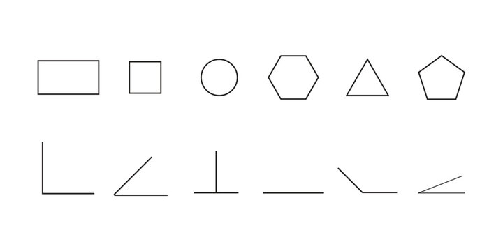 Minimalist geometric shapes and mathematical angles set, thin line vector icons of polygons and trigonometry elements, black outline basic geometry symbols for education and technical design