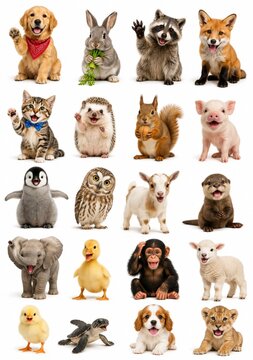 Cute Baby Animals Collection Featuring Puppy, Kitten, Rabbit, Raccoon, Fox, Hedgehog, Squirrel, Piglet, Penguin, Owl, Goat, Otter, Elephant, Duckling, Chimpanzee, Lamb, Chick, Turtle, and Lion Cub Iso