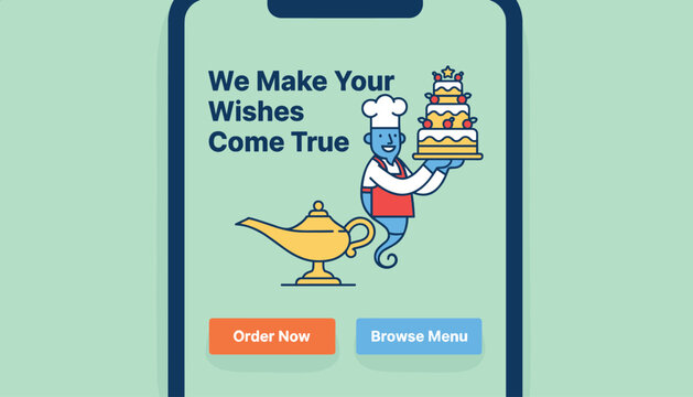 Mobile food app interface shows a blue genie chef holding a giant cake next to a magic lamp to make culinary wishes come true.