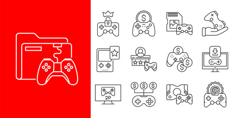 Video game and e-sports linear icons set, gaming industry concept symbols © Tifany