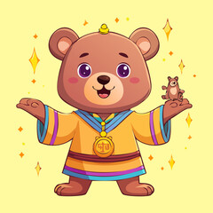 Cute royal teddy bear king character wearing a majestic yellow crown and blue golden robes for children nursery prints and fairy tale stories