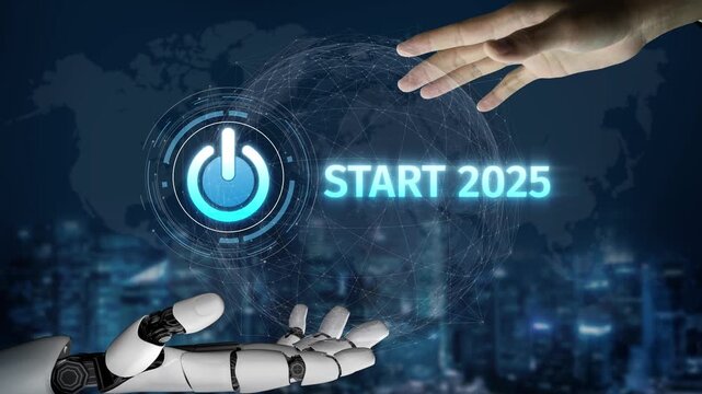 Start 2025 concept with futuristic power button symbolizing fresh beginnings, innovation, and digital transformation. Start 2025, new goals, and start 2025 initiative. Muxer