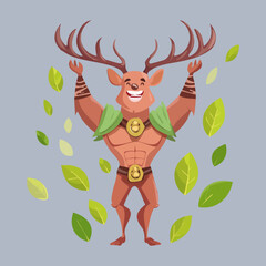 Naklejka premium Mythical deer man faun warrior character with muscular green arms and leaf decorations for fantasy forest gaming assets and mythological concepts