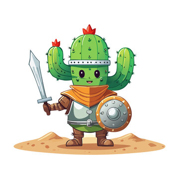 Brave cartoon cactus knight character holding a silver sword and round shield for desert adventure games comic books and funny stickers
