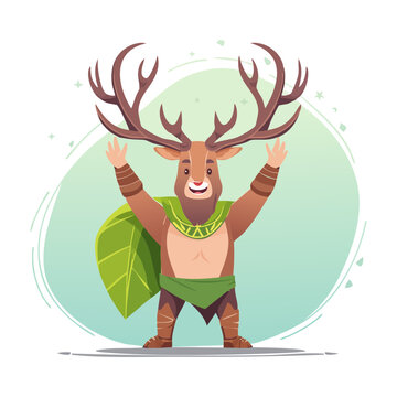 Cheerful forest protector deer satyr character raising hands with green foliage accents for environmental awareness campaigns and children fantasy stories