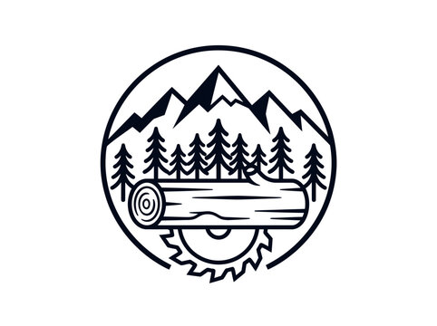 Minimalist Lumberjack Logo with Mountain Range, Pine Forest, and Wood Log