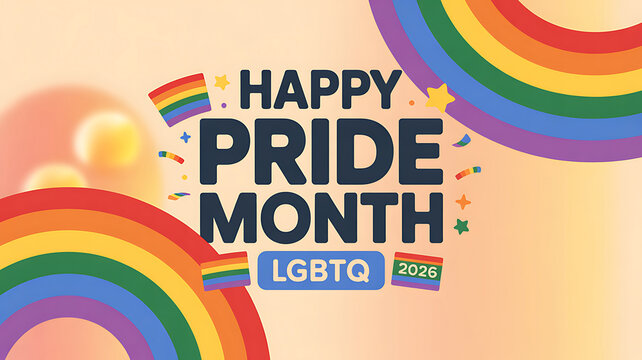 Vibrant happy pride month lgbtq celebration graphic with rainbow colors and confetti