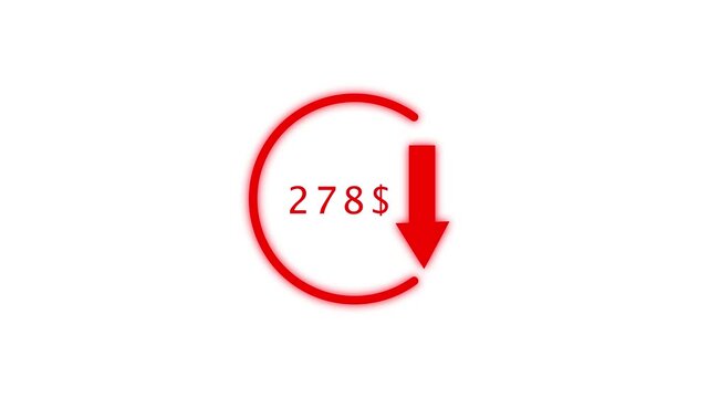 Business Money loss circle arrow icon. Dollar currency price drop concept. circle with down arrow moving 4k video.